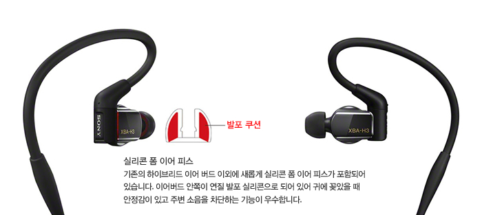 실리콘 폼 이어 피스 기존의 하이브리드 이어 버드 이외에 새롭게 실리콘 폼 이어 피스가 포함되어 있습니다. 이어버드 안쪽이 연질 발포 실리콘으로 되어 있어 귀에 꽂았을 때 안정감이 있고 주변 소음을 차단하는 기능이 우수합니다.