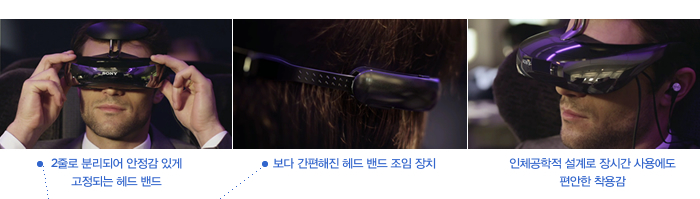2줄로 분리되어 안정감 있게 고정되는 헤드 밴드 / 보다 간편해진 헤드 밴드 조임 장치 / 인체공학적 설계로 장시간 사용에도 편안한 착용감