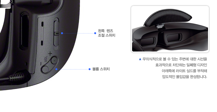 무의식적으로 볼 수 있는 주변에 대한 시선을 효과적으로 차단하는 밀폐형 디자인 아래쪽에 라이트 실드를 부착해 압도적인 몰입감을 완성합니다. 